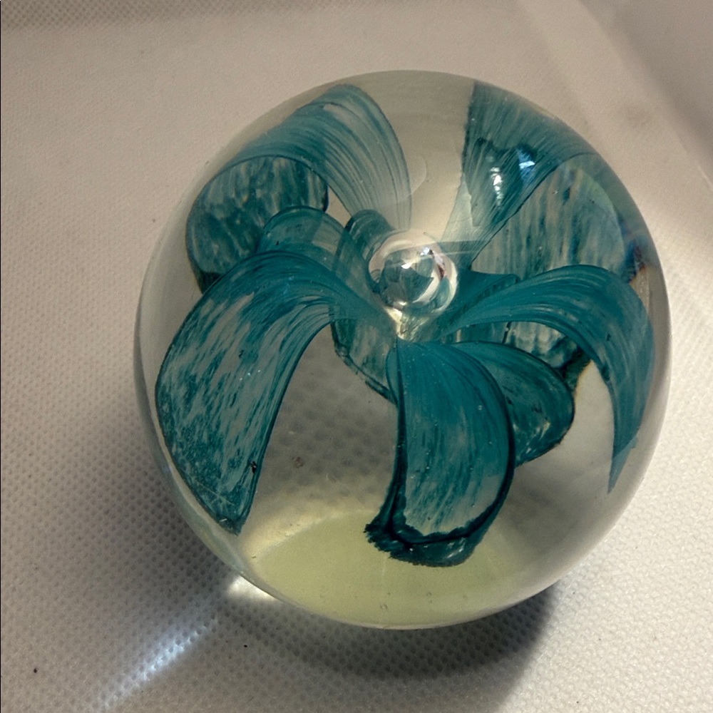 Glass Art Paper Weight Sphere with Teal Floral Design 2 Inches Tall - Picture 11 of 11